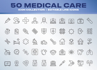 50 Medical Cure Icons set collection, editable line icons, hospital, ambulance, medical mask, doctor, nurse, medkit, eye, teeth, blood, health, service, report, medicine, bone, etc