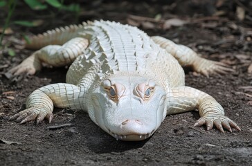 Obraz premium Unique White Alligator Resting on Ground Surrounded by Nature in a Natural Habitat Setting, Capturing a Rare and Striking Appearance
