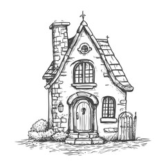 Hand Drawn Sketch Of A Charming Stone Cottage With A Peaked Roof Chimney And Small Gate