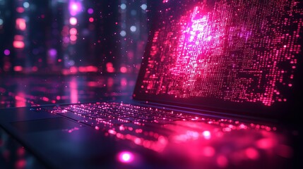 Innovative software development and web programming concept – abstract programming language and code on laptop screen with company network icons and modern technology workflow