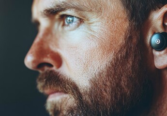 Obraz premium Close-up of an ear with wireless earbuds, a man in an office close-up, a macro shot. Stock photo contest winner, professional photography, 