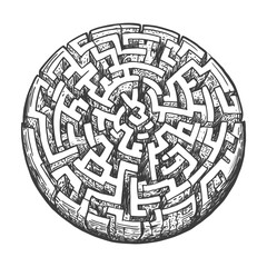 Hand Drawn Sketch Of A Complex Circular Maze With Intricate Pathways