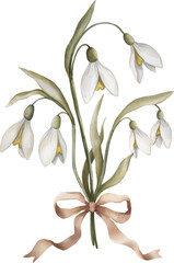  Watercolor illustration of a snowdrop bouquet in the trendy 2025 color. Delicate flowers with soft brushstrokes, perfect for invitations, greeting cards, branding, and seasonal designs.