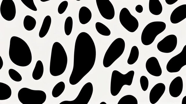 A field of black, irregular spots against solid white background creates simple, yet eye-catching, pattern with strong contrast and visual texture, backdrop