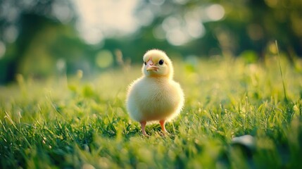 A small, fluffy chick standing in the middle of a grassy field, surrounded by nature's soft tones.