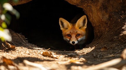 A small fox poking its head out from a woodland den, with a soft, bushy tail and alert eyes.