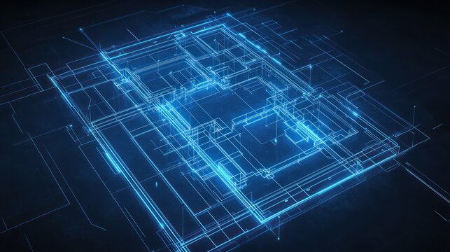 Abstract circuit board design, futuristic technology, digital lines, dark background. Possible use Stock photo for technology articles, websites, or posters