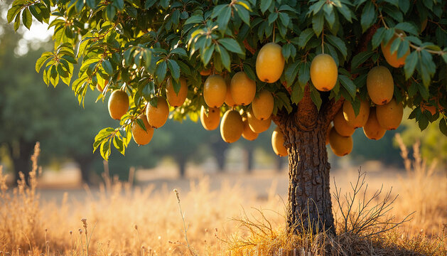 Marula tree ripe with fruit, feeling vibrant, in an African savanna setting