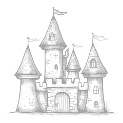 Fototapeta premium Hand Drawn Sketch Of A Majestic Stone Castle With Flags
