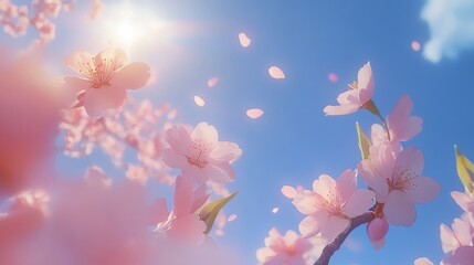 Fototapeta premium A stunning close-up of cherry blossoms, sunlight streaming through their delicate petals, with a vibrant blue sky in the background