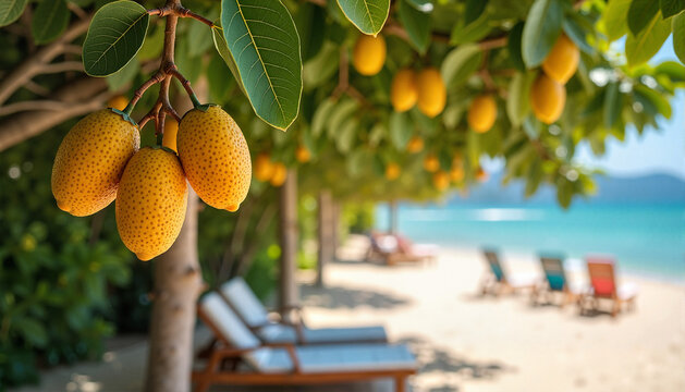 Sapodilla tree with fruits in a relaxed beach garden with sunlight and copy space