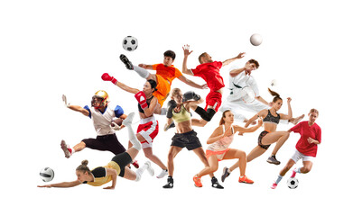 Sports collage featuring football, soccer, boxing, badminton, volleyball, and running athletes in motion. Competitive spirit and power on white background. Concept of energy, success and sportsmanship