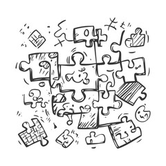 Hand Drawn Sketch Of A Puzzle With Scattered Pieces