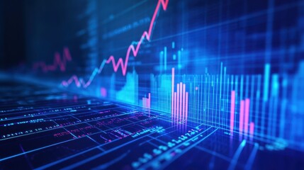 A vibrant blue canvas, upon which a widescreen financial graph unfurls, its uptrend line soaring towards the heavens, while its bar chart, a testament to the stock market is dynamic fluctuations,