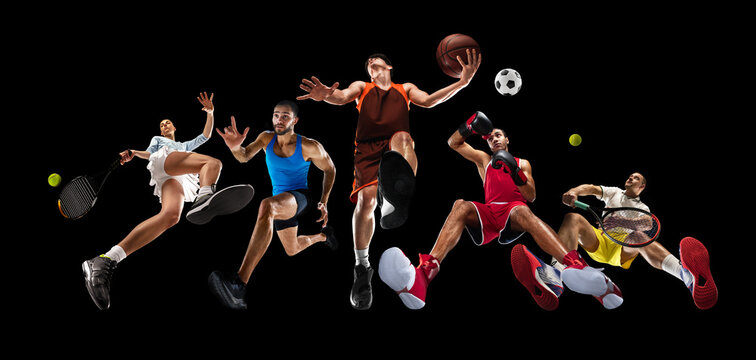 High-energy sports composition featuring basketball, boxing, soccer, and tennis athletes jumping in motion. Strong contrast on black background. Concept of power, skill, and athletic achievement.