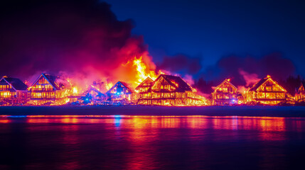 Inferno on the Shore: Destruction of beach houses by a ravaging fire reflecting in the dark sea