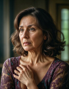 mujer madura con preocupaciones y ansiedad con la mano en el pecho