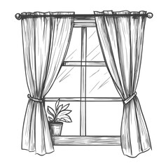 Hand Drawn Sketch Of A Window With Curtains And A Potted Plant