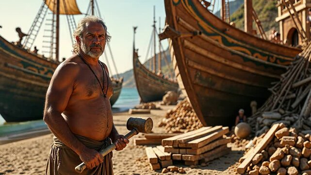 An Ancient Shipbuilder is Hard at Work on a Beautiful Historical Waterfront