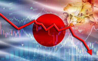 Financial fall of Japan on economy market. Japan financial crisis on economic graph