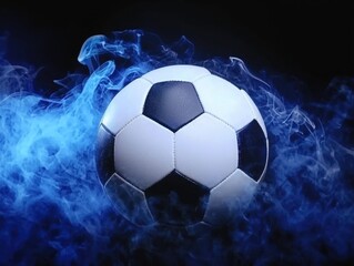 Naklejka premium Soccer Ball Surrounded by Blue Smoke on Dark Background