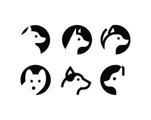 Set of Abstract dog head icons. Vector illustration. Simple silhouette. Black color flat style dog. Cartoon dog face logo. Animal logotype concept.
