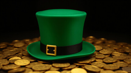 Green leprechaun hat on gold coins for St. Patrick’s Day