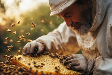 Bee collecting nectar from a blooming flower in a close-up shot