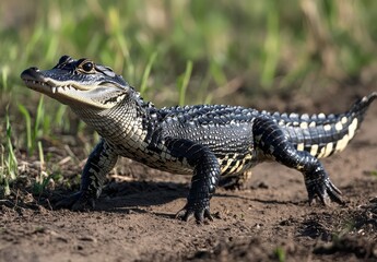 Young Alligator On The Ground Surrounded By Grass Under Bright Sunlight In Natural Habitat Of Wetlands And Swamps