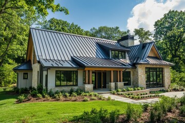 Obraz premium Standing Seam Metal Roofing on Residential House. Modern Stainless Steel Roofer