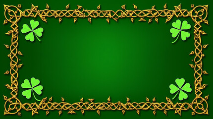 Green Celtic frame with gold vines and four-leaf clovers