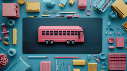 Education and back to school concept with stationery and bus on blackboard background flat lay