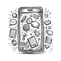 Smartphone Overloaded With Hand Drawn Digital Communication Icons