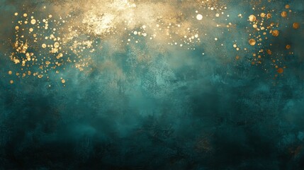 An abstract teal background featuring gold particles and light effects