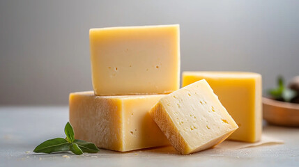 stack of creamy cheese blocks with smooth texture and sprig of herbs
