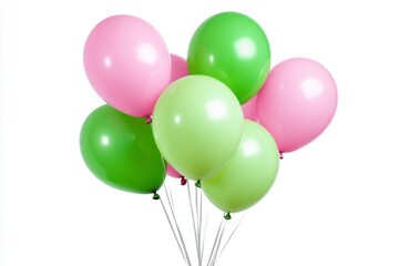 A bunch of pastel green and pink balloons isolated on a white background, viewed from the front