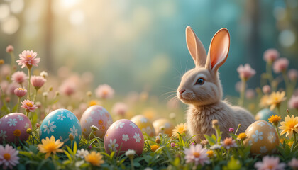 Cute little brown bunny with colorful easter egg in the morning green fields with blurred background. Easter egg and bunny