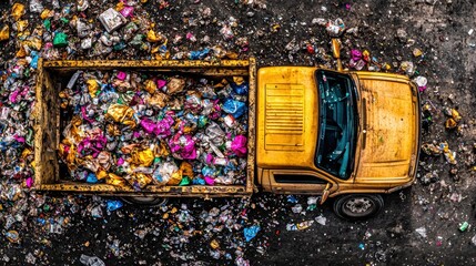 A yellow truck carrying a large amount of trash.