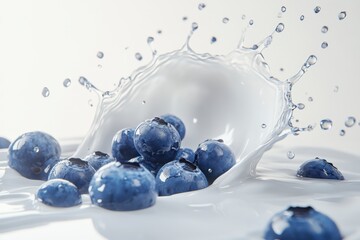 Fresh Blueberries Splashing in White Liquid with Water Drops