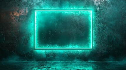 Glowing rectangular light frame illuminates a textured concrete backdrop