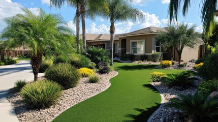 Fototapeta premium A beautiful front yard with an inviting atmosphere, featuring a combination of real and artificial grass.