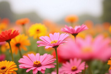 Obraz premium field of colorful flowers with a cloudy sky in the background