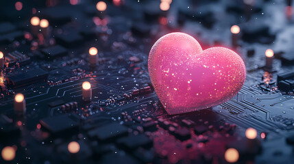 Obraz premium Pink Glowing Heart on Circuit Board