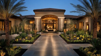Obraz premium A contemporary home entrance featuring low-maintenance plants and an open layout.