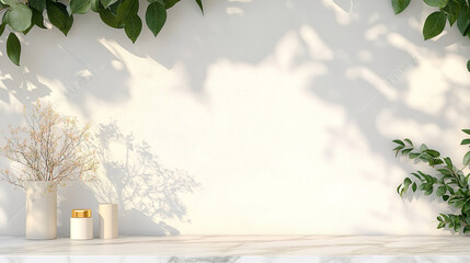 Lush green plant leaves hanging on a marble table casting a soft tree shadow in natural light
