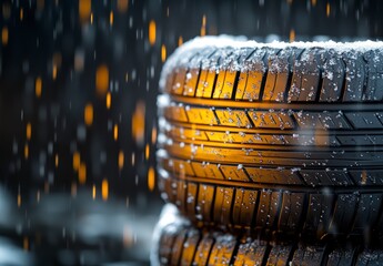 Close-Up of Snowy Tires Under Falling Rain with a Bright Orange Background and Glimmering Water Drops