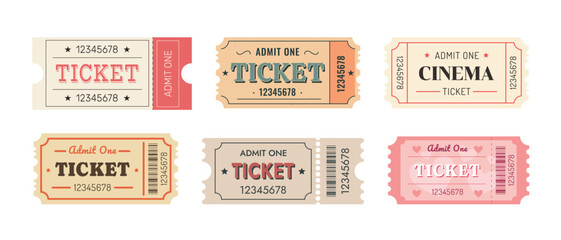 Set of retro tickets. Tickets for cinema, concert, festival, theater, circus, film, movie. Vector illustration