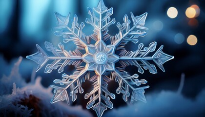 A highly magnified view of a snowflake, revealing its intricate symmetrical crystalline structure and delicate, unique patterns, showcasing nature’s artistry.