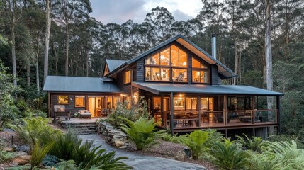 A contemporary home surrounded by well-placed trees that complement the house's entrance.