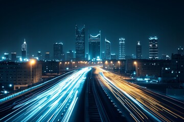 Fototapeta premium A vibrant nighttime cityscape showcasing illuminated skyscrapers in the central business district (CBD), highlighting urban development, modern architecture, and the dynamic energy of a metropolitan s